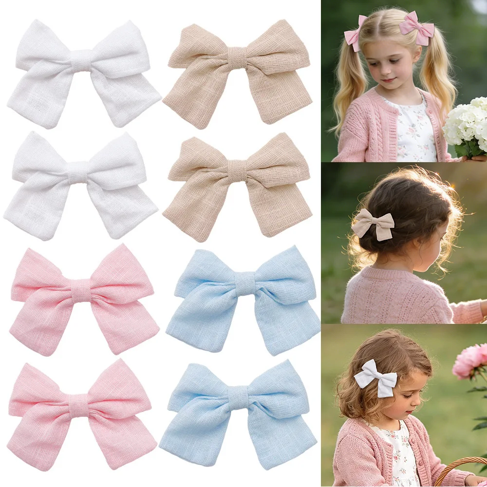 

48 шт. заколок для волос для девочек из льна и хлопка с бантом, 3,5 дюйма, однотонные заколки-бантики, оптовые аксессуары для волос для детей