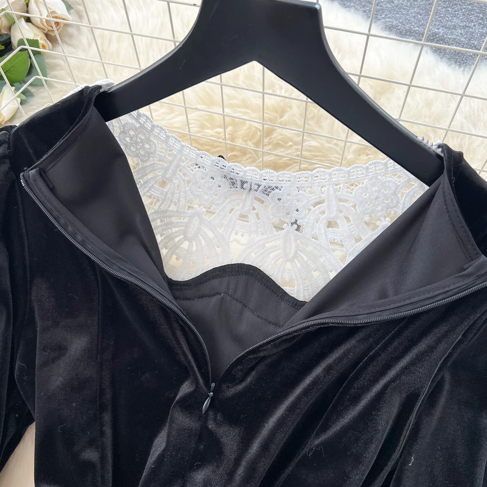 ชุดเดรสผ้ากำมะหยี่ลูกไม้แขนยาวทรงเข้ารูป สไตล์วินเทจสุดชิค หรูหราแบบแฟรี่ แฟชั่นเกาหลี สำหรับงานปาร์ตี้ฤดูใบไม้ร่วง เสื้อผ้าผู้หญิง