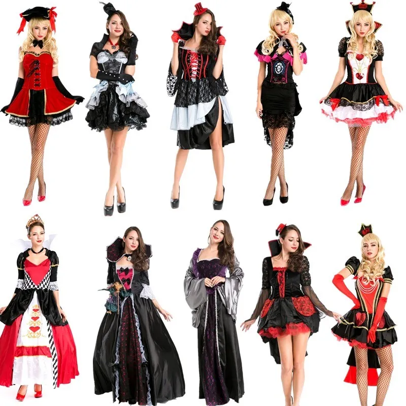 

Long Halloween Queen Costume Cosplay Red Heart Queen Witch Outfit Alice in Wonderland Queen of Hearts Women's Traditional Cos...