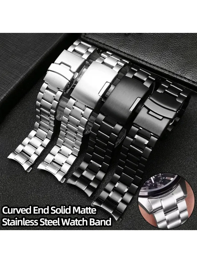 Massives, mattes Edelstahl-Uhrenarmband mit gebogenem Ende für Seiko Citizen Casio Timex 20 mm 22 mm, schwarzes Metallarmband, Uhrenzubehör