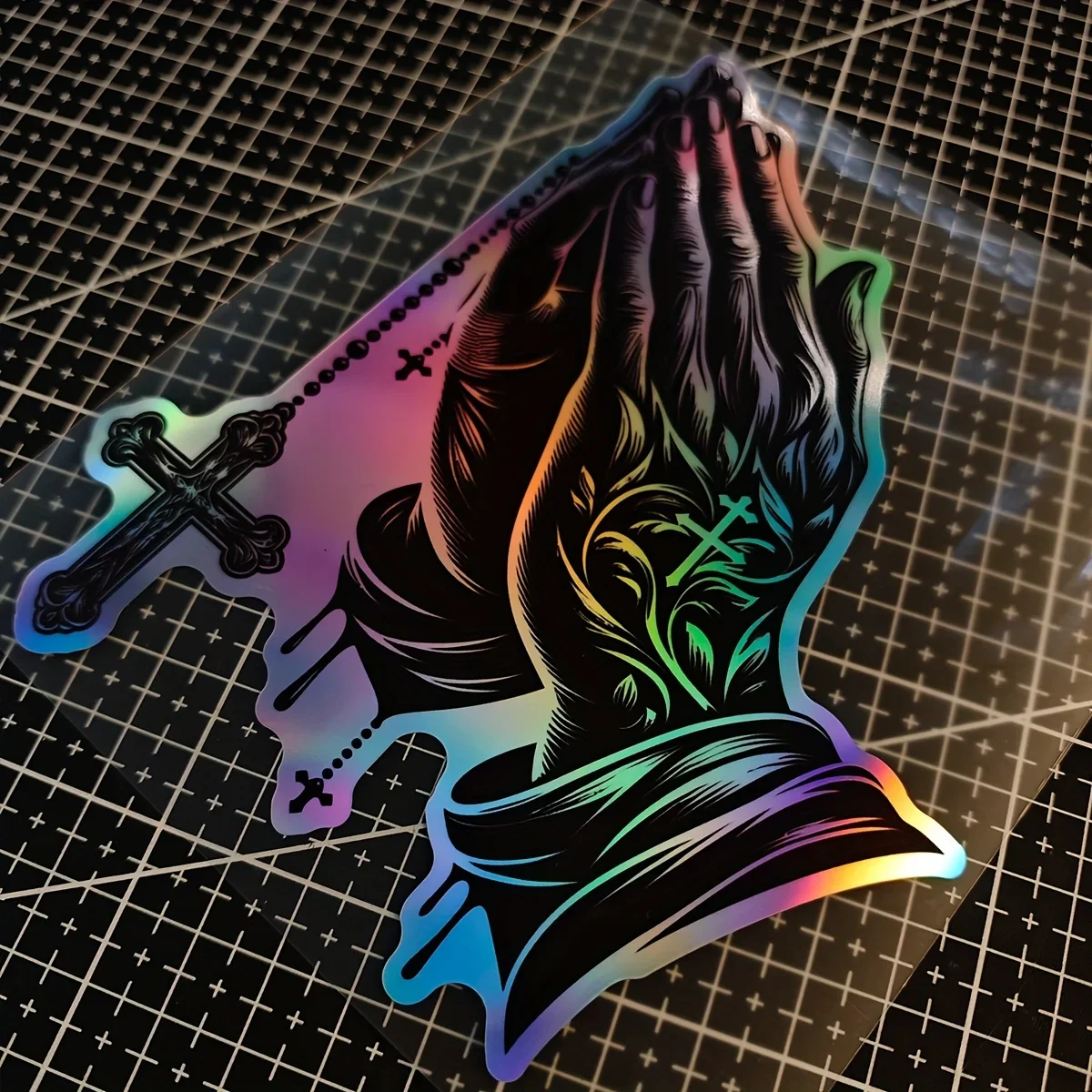 1pc holográfico "manos orando e cruz" adesivo para carro motocicleta temático religioso decoração estilo acessório