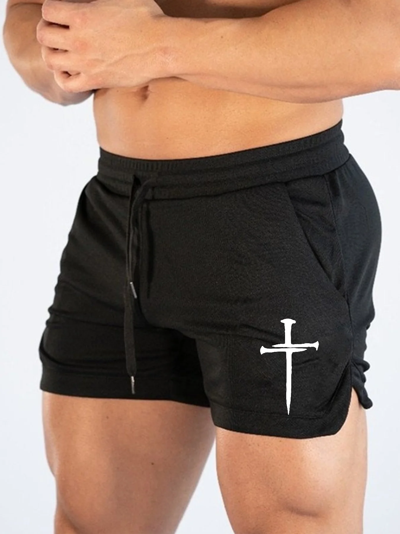 

Muscle Running Shorts, Cross Logo Quick Drying Breathable Marathon Shorts, 3-minute Fitness Beach Pants, Tight Mesh Fabric