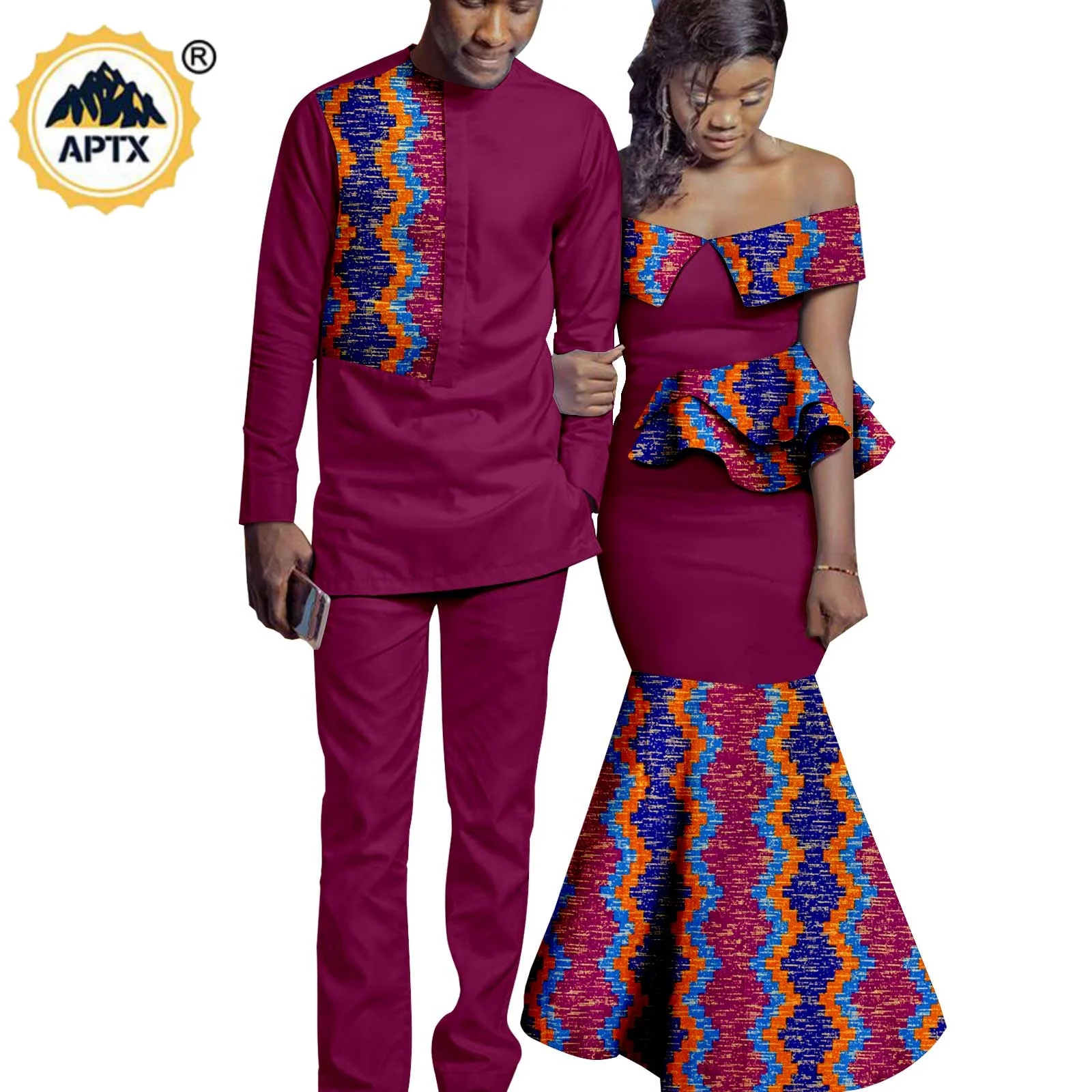 

African Draped Dresses for Women Matching Men Outfits Long Sleeve Shirt and Pants Sets Dashiki Africa Couple Clothes Y23C021