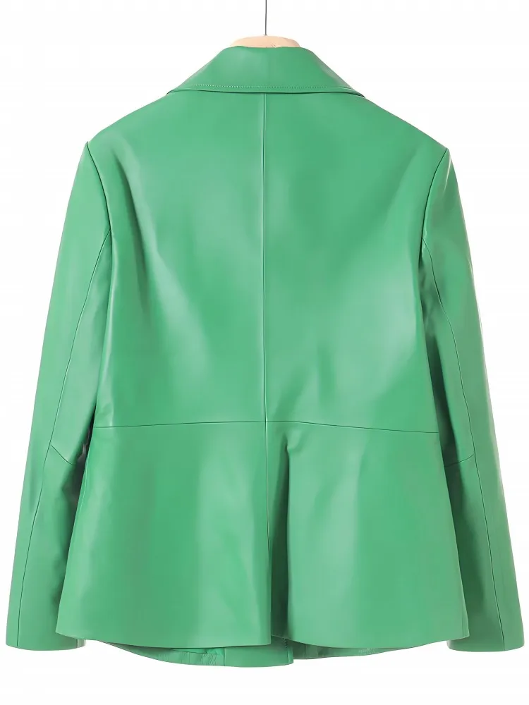 Büro-Damen-Kurzjacke aus echtem Leder, Anzugkragen, Knopftasche, modisch, hochwertig, grün, lange Ärmel, Schaffell-Oberbekleidung