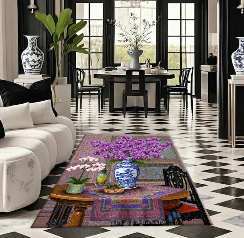 Vintage Interior Decoration Purple Orchid Vase Art Carpet Floor Classic Oriental Floral Scene Print Square Carpet Suitable for Living Room Decoration