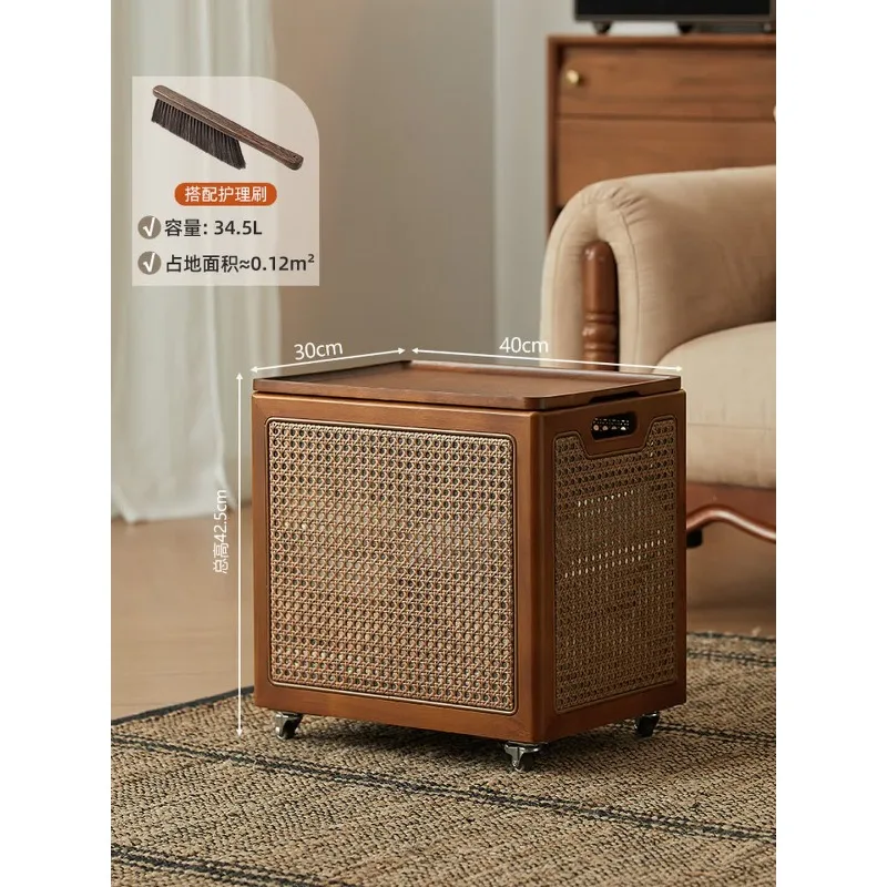 Solid wood three-layer movable storage basket, small side of the living room, a few snacks storage box, mobile trolley storage
