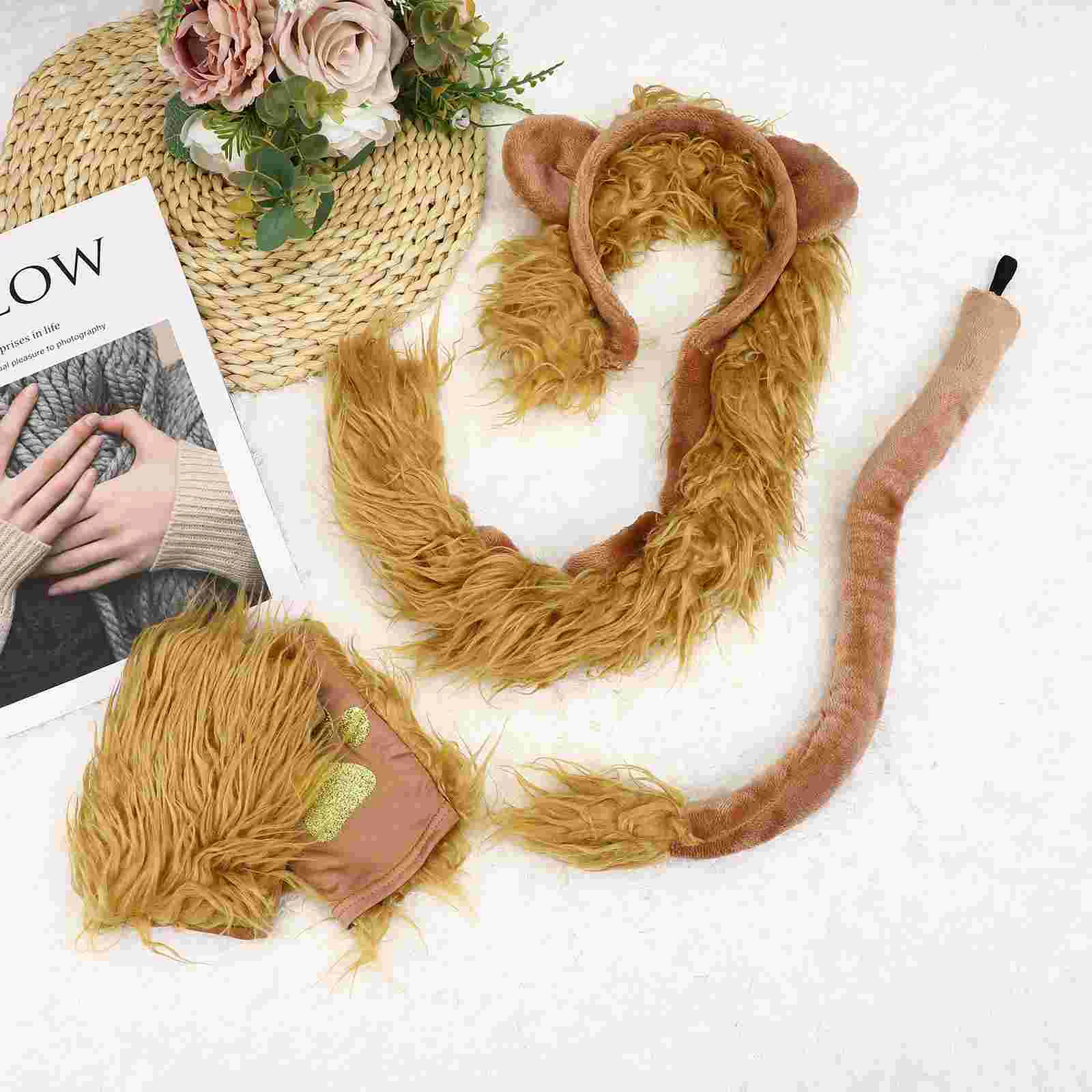 

1 Set Lion Costume Set Lion Headband Gloves and Tail Brown Lion Costume Kit for Halloween Cosplay Fancy Dress-up Party