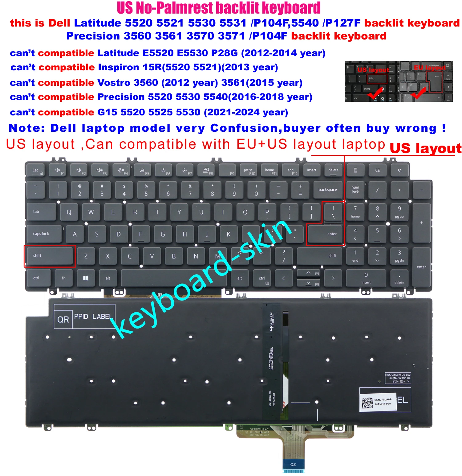 New US Keyboard Backlit /backlight for Dell Latitude 5520 5521 5530 5531 5540 P104F Precision 3560 3561 3570 3571 laptop 0N7N16