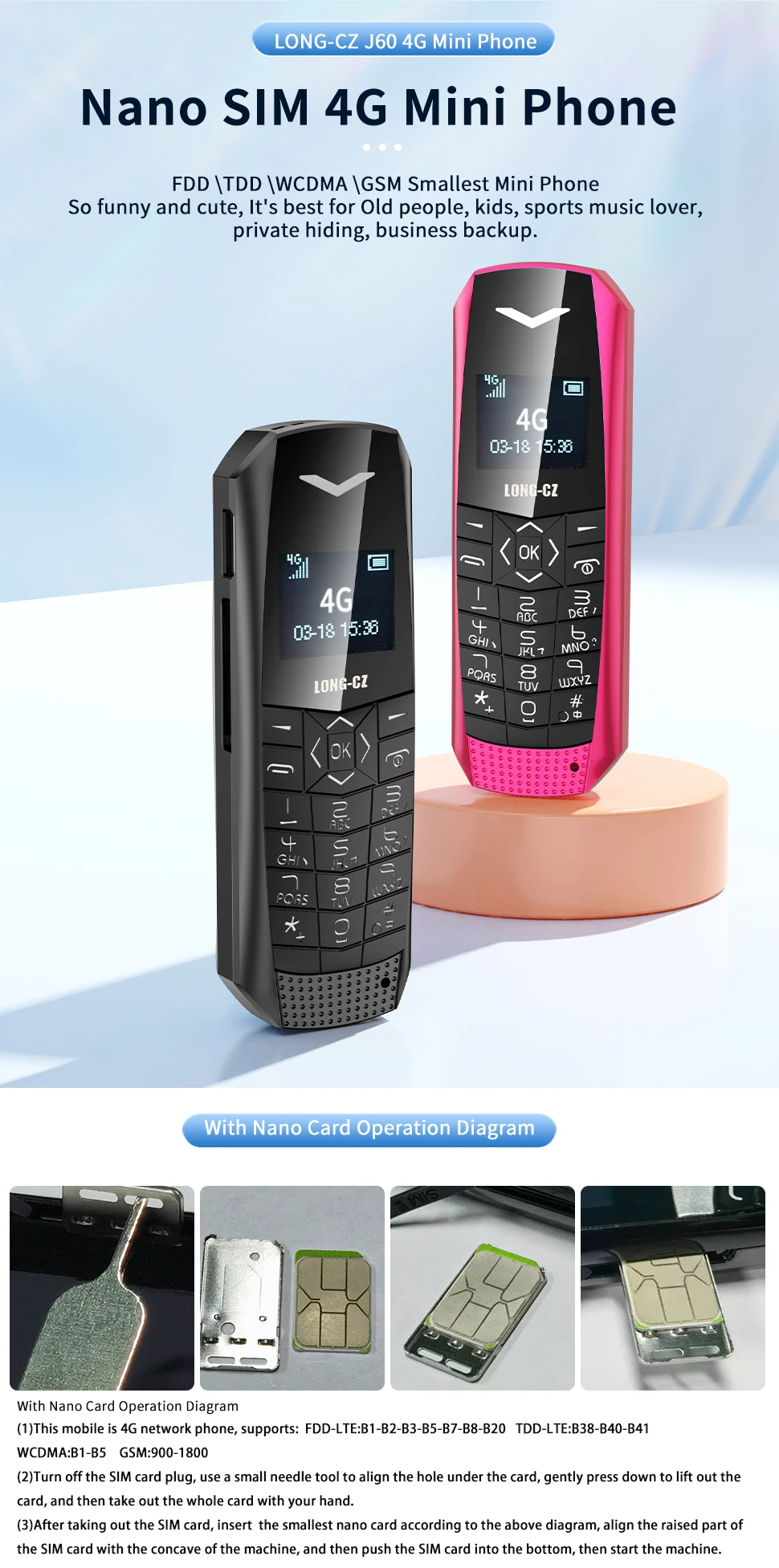 Super Mini Phone J60 4G Network Mobile Phone Wireless Bluetooth Keyboard Pocket Cellphone Alarm Clock SOS MP3 Player Recorder
