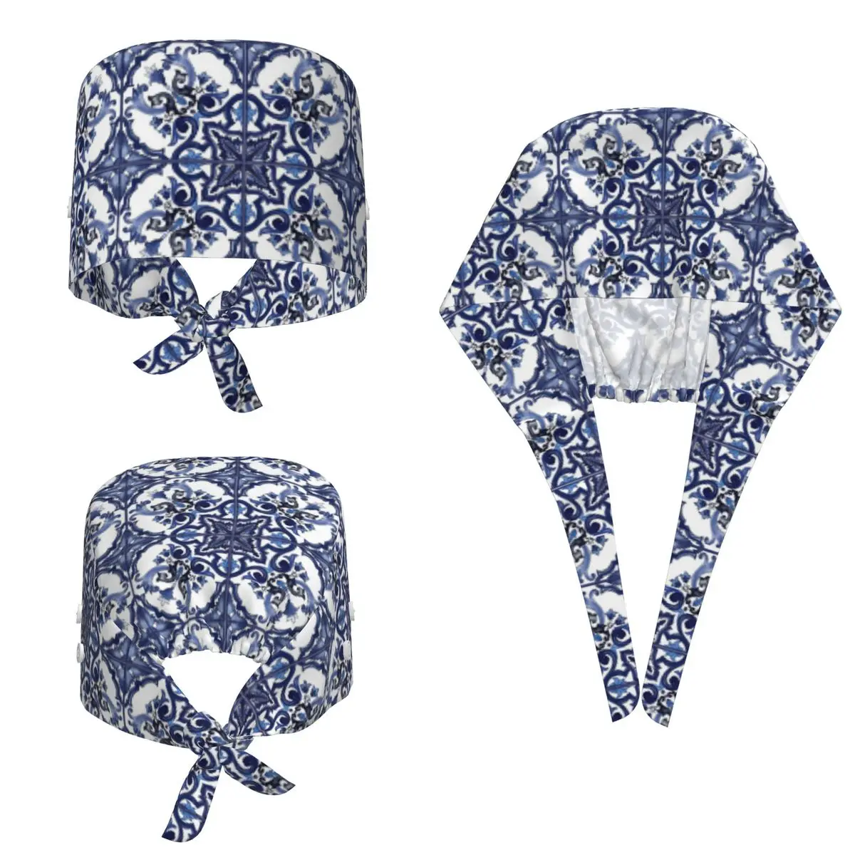 Blue Ornate Floral Mediterranean Sicilian Tile Scrub Hat Doctor Working Surgical Cap Unisex Adjustable Nursing Caps for Dentist