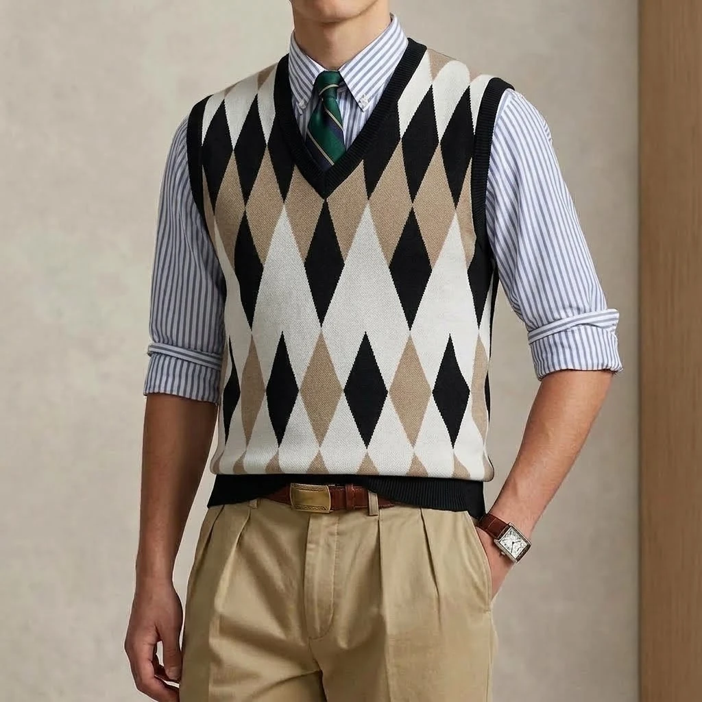 New Men's V-Neck Knit Sweater Vest Vintage Argyle Sleeveless Pullover Tops Casual Business Dress Waistcoat Shirts Autumn Coats
