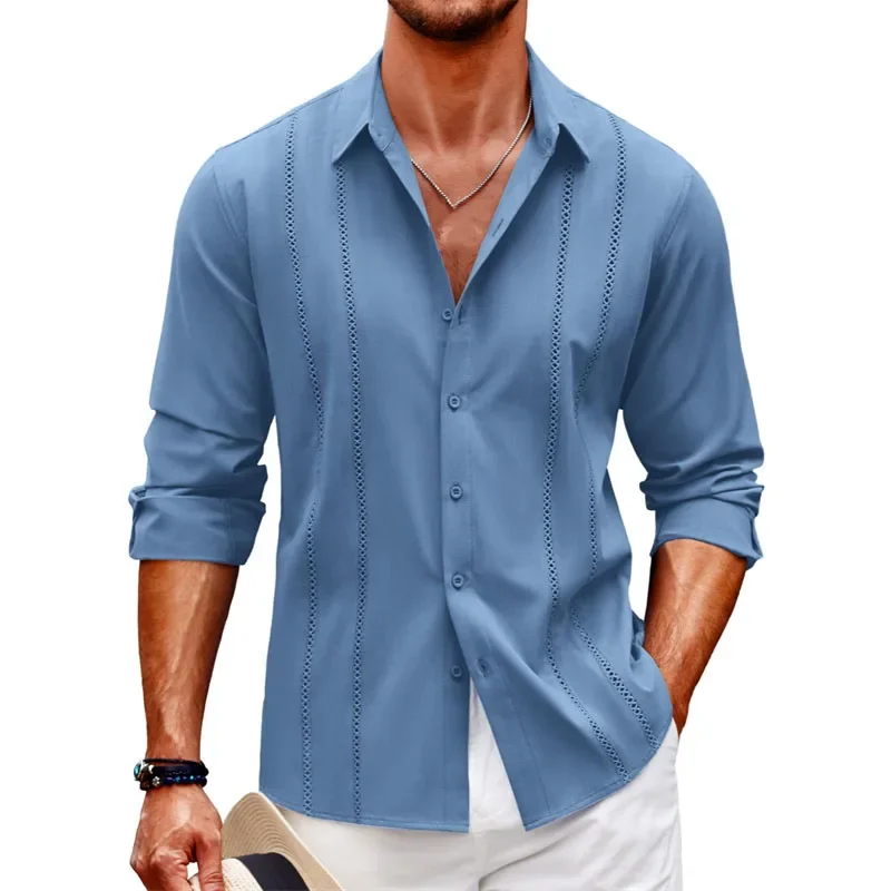 Simple new casual long-sleeved shirt cross-border beach linen button men\'s long-sleeved solid color large size shirt XS-6XL