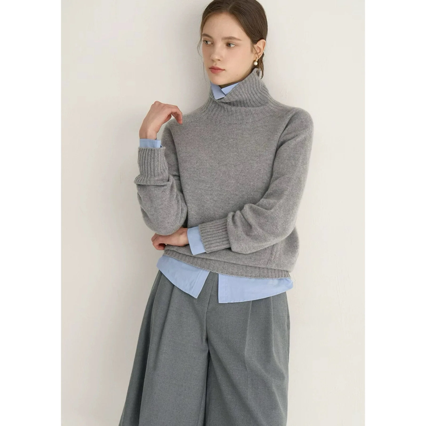 

Шерстяной вязаный свитер с высоким воротником лимонного сыра, повседневный свободный универсальный твидовый текстурный утягивающий зимний модный женский трикотаж