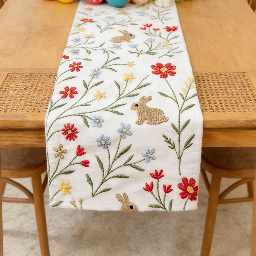 BUYNOW 1PC Floral Rabbit Embroidered Table Runner Pastoral Fresh Cottage Easter Kitchen Dining Dust Cover