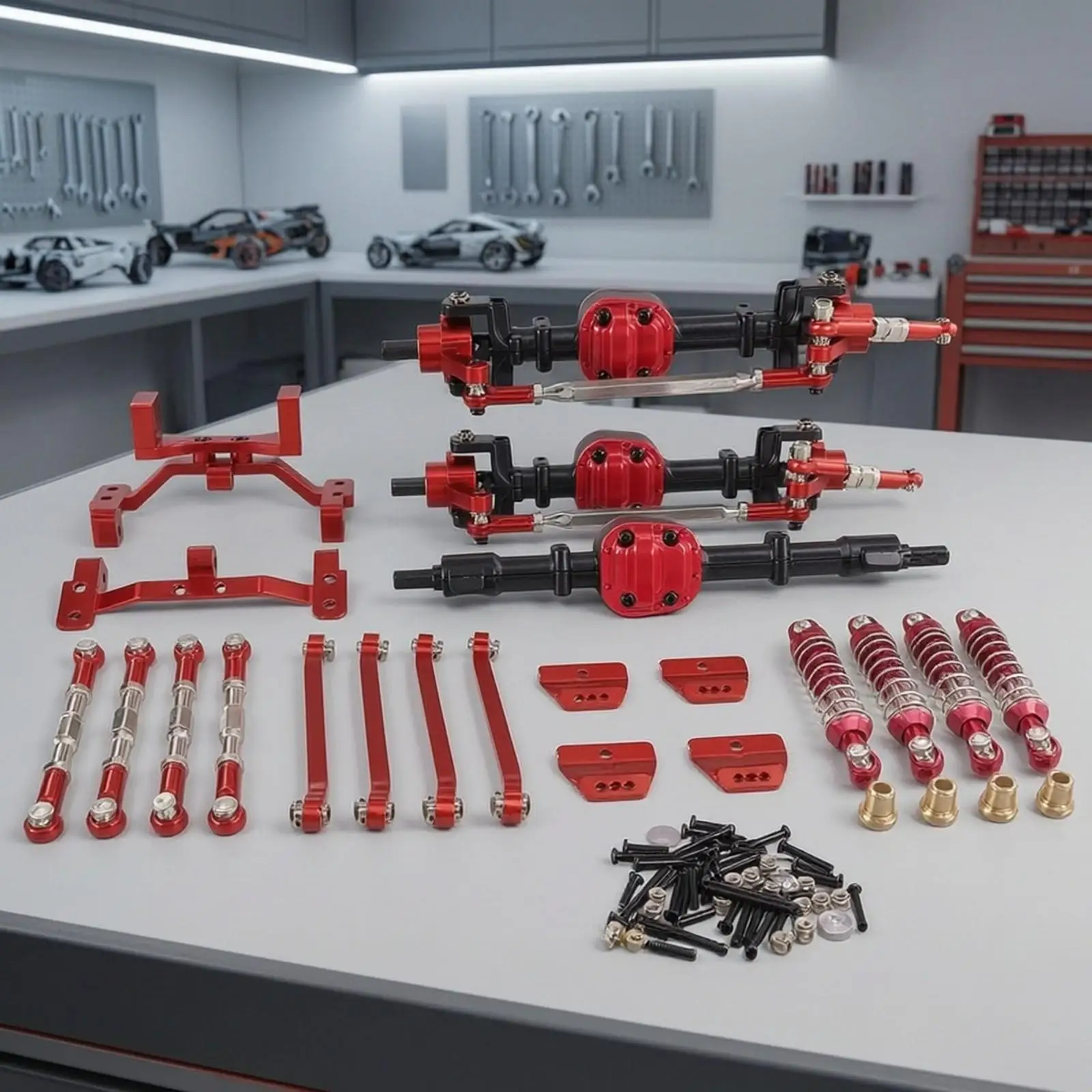 RC Car Upgrade Kit Aluminum Alloy Chassis Parts Kit with Shock Absorbers Shock Absorber Set Direct-Fit Shock Absorption Linkage