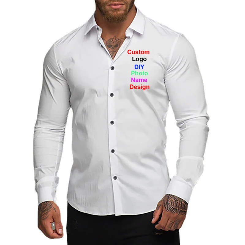 Customized DIY Brand Logo Men\'s Long Sleeve Super Slim Fit Casual Shirt Spring Autumn Turn Down Collar Business Dress Shirt