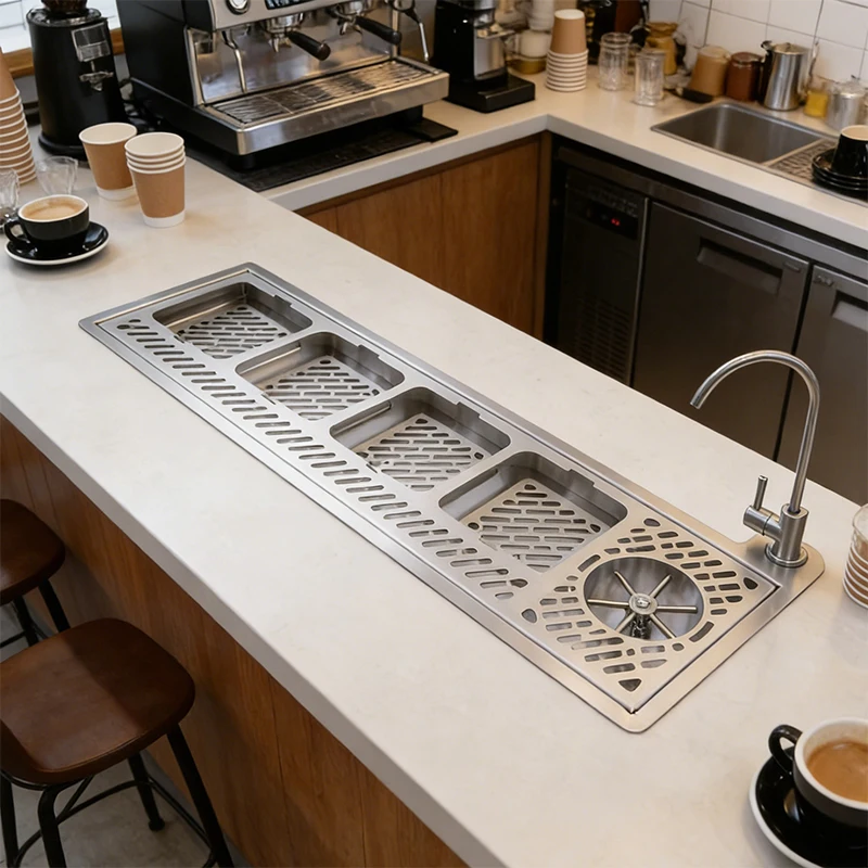304 Stainless Steel Under Sink Drip Tray Tea Station Coffee Bar Tools Four Scale Holes Pour Over Station Rinser with Faucet