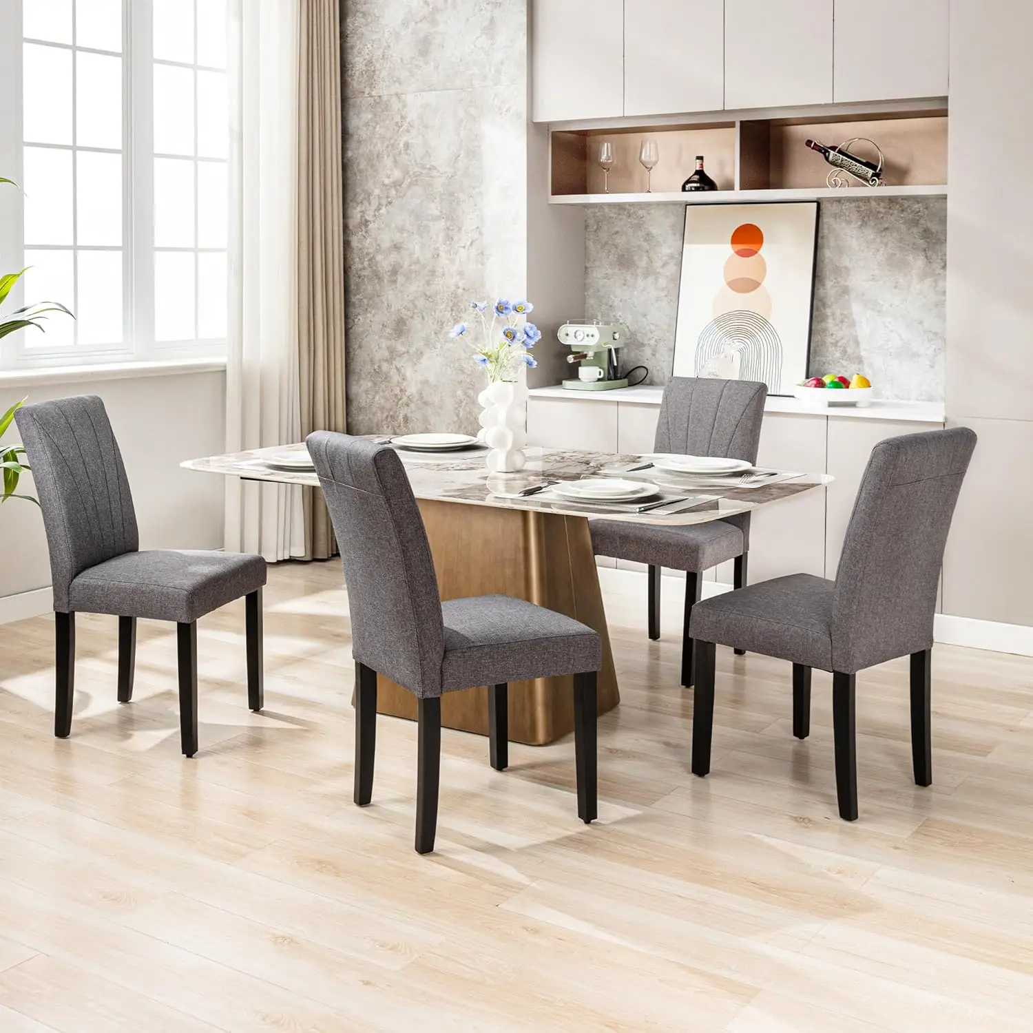 

Upholstered Dining Chairs Set of 6 Modern Fabric and High Back & Solid Wood Legs, Parsons for Kitchen