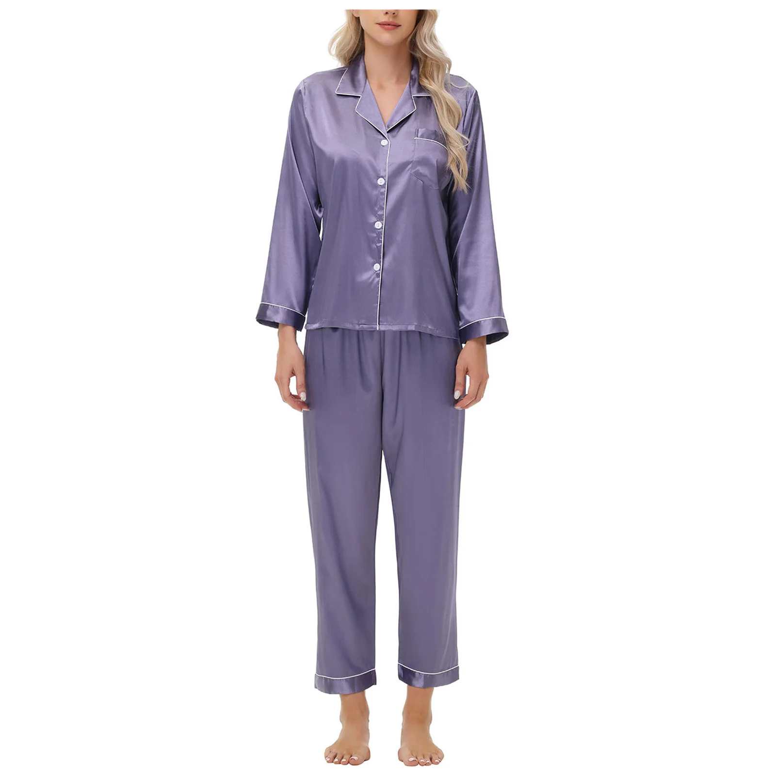 

Ice Silk Satin LooseLong Sleeve and Long Pants Home Clothing Set Fashionable Solid Color Breathable Feminino Fofo Pyjamas