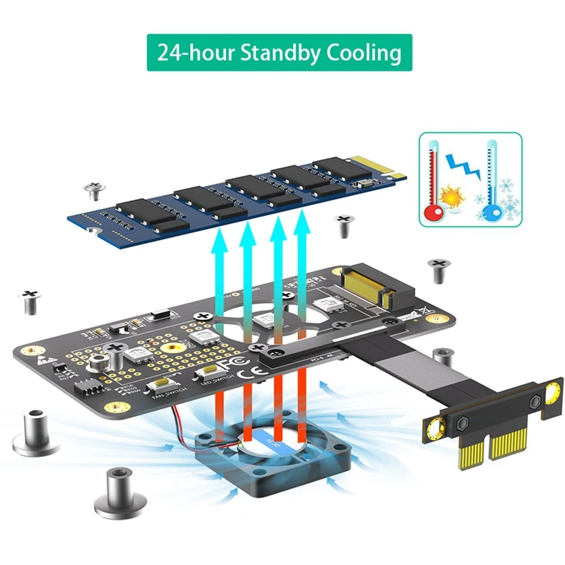 3 In 1 M.2( NGFF) NVME M-Key SSD To PCIE 1X Extension Cable With Cooling Fan And Automatic Discoloration LED