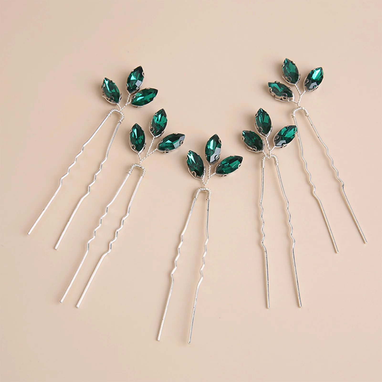 Luxurious U Shape Hair Stick Hair Decorations Handmade Green Rhinestones Hair Chopsticks for Party Cosplay Outfit Cloth Matching