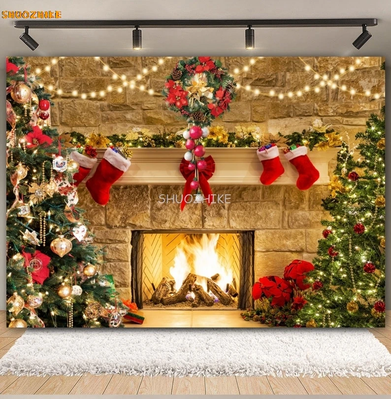 Winter Christmas Photography Backdrop Xmas Tree Fireplace Window Gift Snowman Kids Portrait Family Party Background Photo Studio