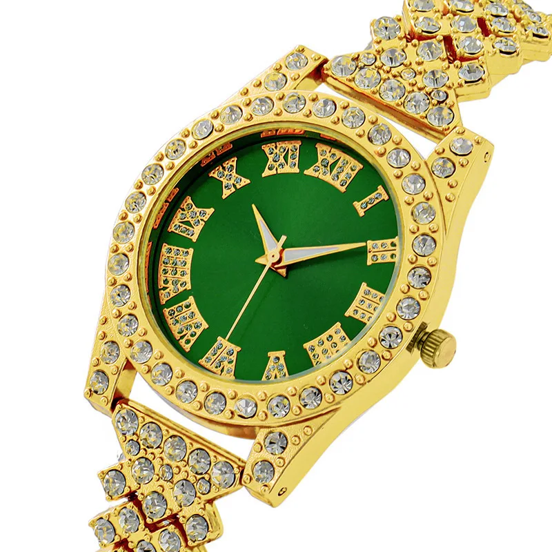 Iced Out Watch for Women Luxury Simple Fashion Round Dial Green Female Bracelet Diamound Crystal Wristwatches Ladies Gifts Colok