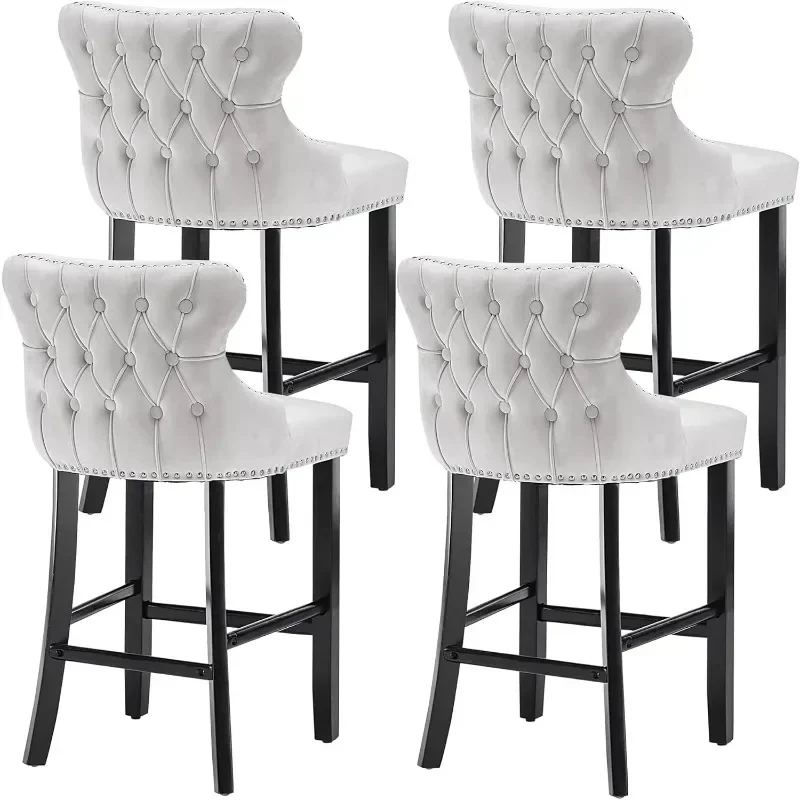 Bar Stools Set of 4 Counter Height, Velvet Upholstered Barstools with Solid Wood Legs, Button Tufted and Nailheads Trim, Blue