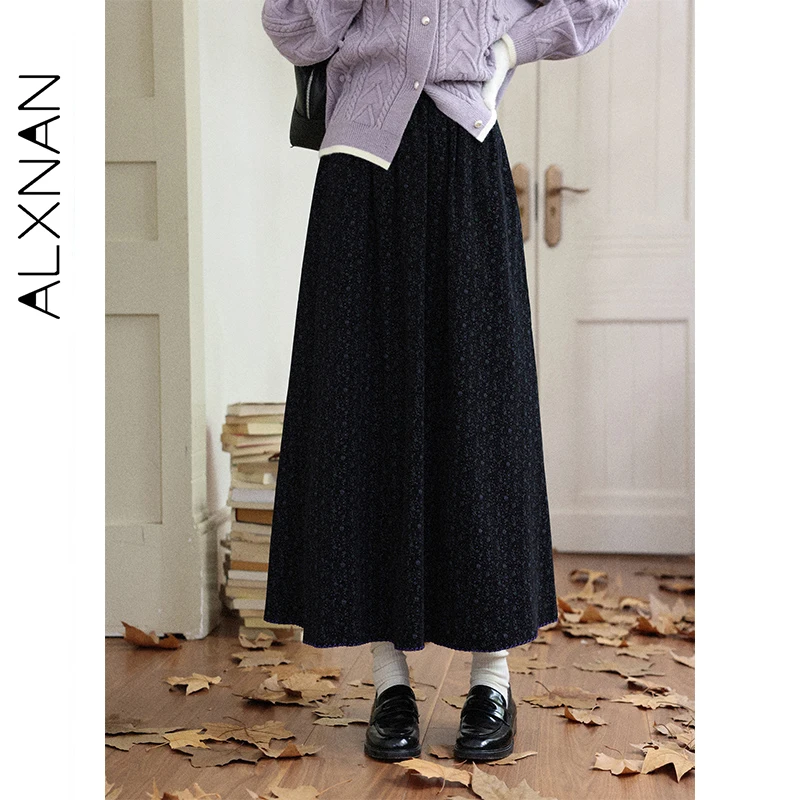

ALXNAN, черные юбки с цветочным принтом, осень-зима, широкая универсальная юбка средней длины, 2021, элегантная нежная женская одежда в стиле ретро L58722