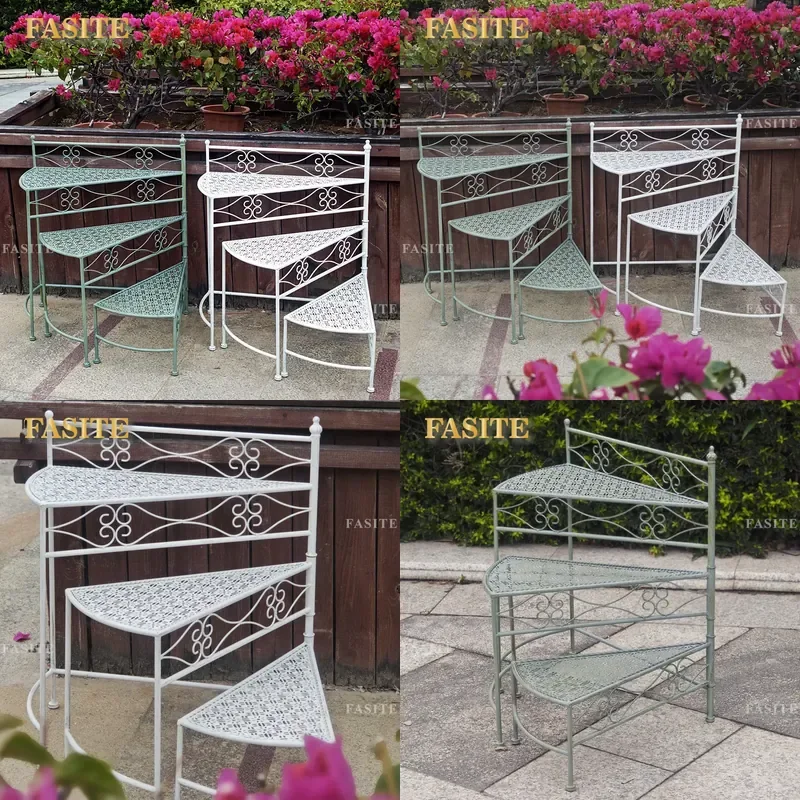 For Outdoor Balcony Courtyard Wrought Iron Flower Stand 3 Tier Succulent Plant Shelf Arc Fan Shaped Storage Rack Garden Decor