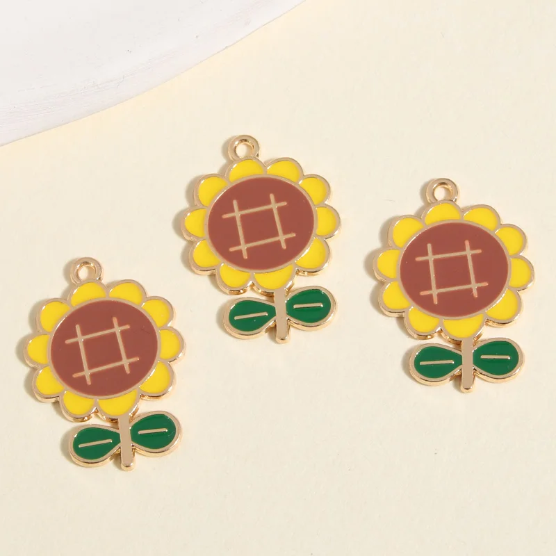 10pcs Gold Color 28x20mm Cute Enamel Sunflower Charms Plants Pendant Fit Necklaces DIY Handmade Jewelry Making Finding Supplies