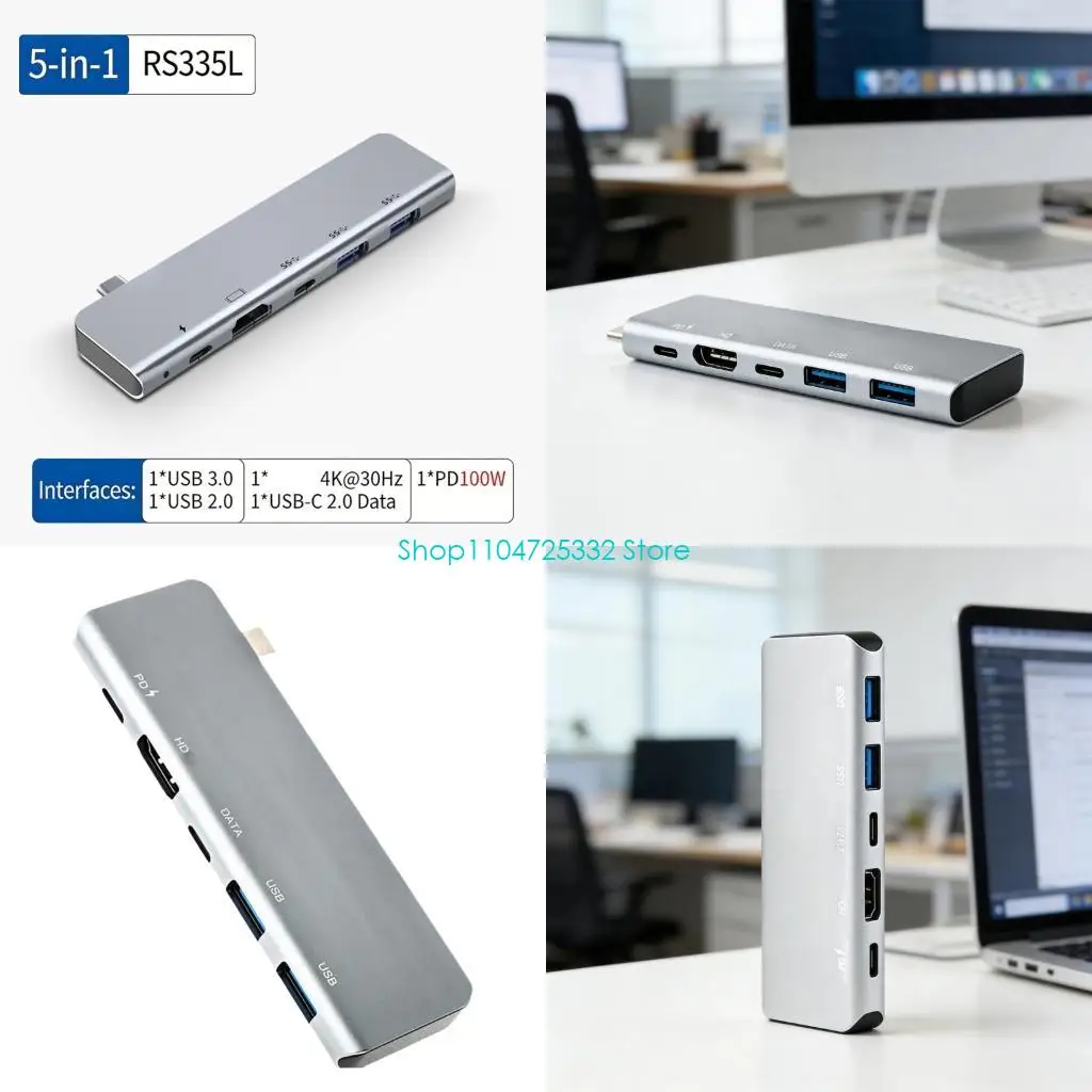 

P5EA 5 в 1 USB C док-станция PD100W Подача питания Передача видео высокой четкости Портативный портативный компьютер для работы