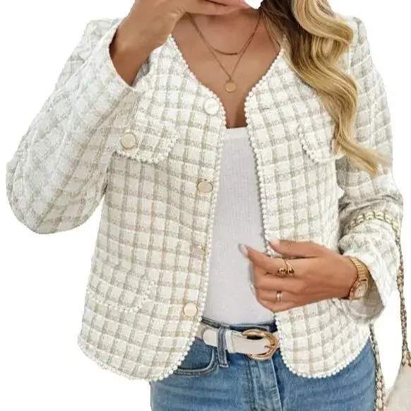 Women's Fashion Coat Temperament Commuting Female Daily Clothing Autumn New Elegant Retro Lace V-Neck Plaid Coats for Women
