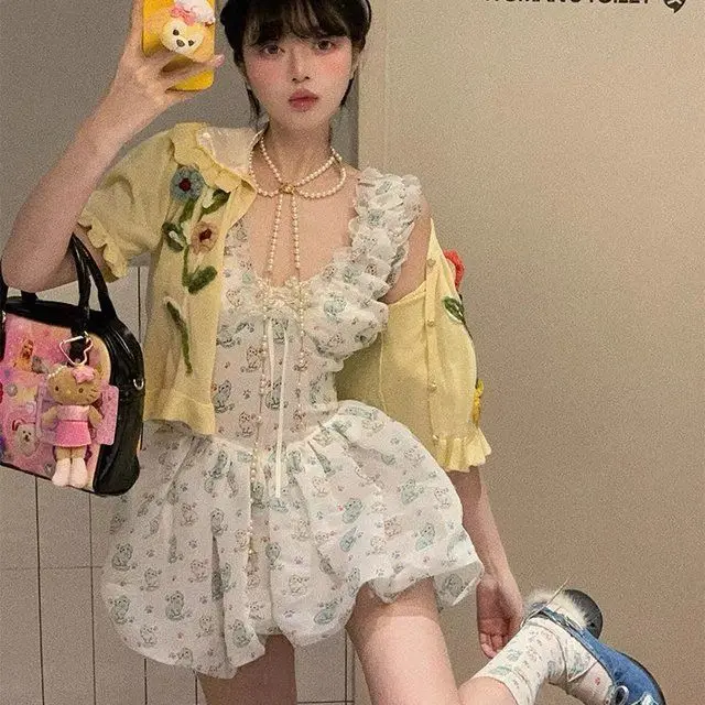 Abito a canotta con orlo a palloncino con stampa gatto che impiegato in vita stile Miu primaverile per donna Mini abito estivo carino da donna