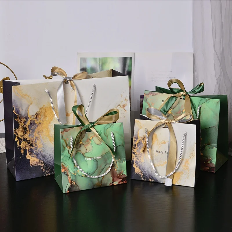 Modische Geschenktüten mit Marmormuster, hochwertige Handtaschen mit Farbband, farbig bedruckte Verpackungsbeutel für stilvolle Geschenkverpackungen – Detail 1