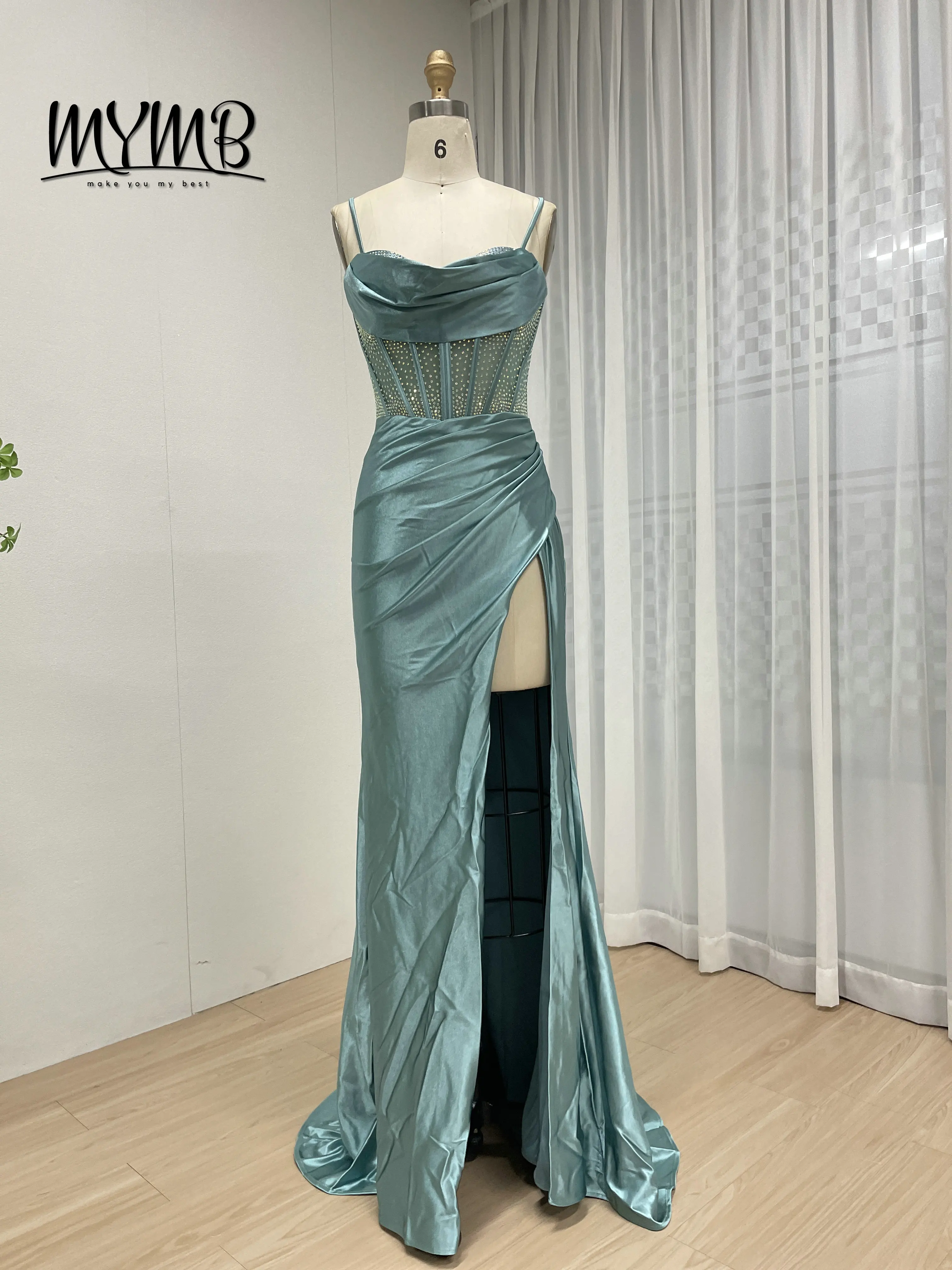 MYMB شيك المألوف الأخضر البريق حبة Ruched الخصر مثير السباغيتي حزام عالية الشق حورية البحر حفلة موسيقية ثوب مسائي للحزب MB40448 #3