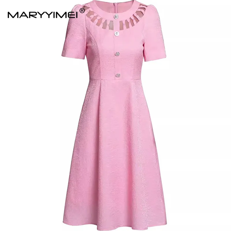 MARYYIMEI Fashion Summer Purple/Black/Pink Women's Dress Short Sleeve Hollow Out Button Elegant A-Line Dresses