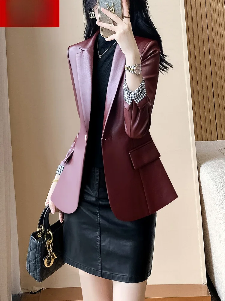 

Женский коричнево-красный дизайнерский офисный легкий элитный костюм Jaet Sli Faionable Suit с воротником из кожи Jaet