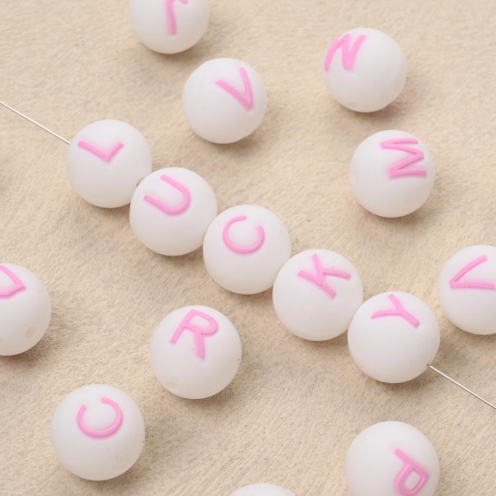 10Pcs 15mm Light Pink Silicone Leeter Beads Alphabet A-Z Round Beads for DIY Baby Pacifier Chain Necklace Bracelet Not Choose