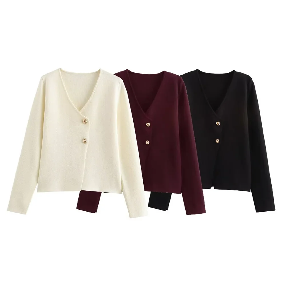 2024 Autumn European And American Style Women\'s Clothing New Fashion Casual Solid Color Gold Button Long Sleeved Knitted Top