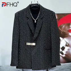 PFHQ Korean Style Trendy Men's Blazers Metal Buckle Printing Contrast Color Casual Male Suit Jackets Autumn Stylish 2024 21Z6310