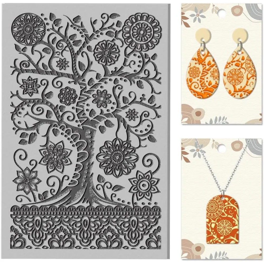 Tapete con textura de arcilla Mandala y árbol de flores, moldes de arcilla polimérica, herramientas de textura de arcilla DIY para arcilla, cerámica, pendientes, sello para hacer joyas