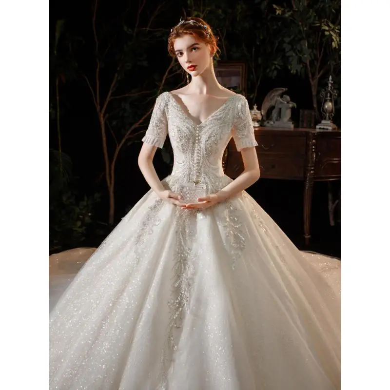 Осенне-зимнее свадебное платье на одно плечо с v-образным вырезом для новой невесты, маленькая беременная женщина, французский размер, большие размеры по индивидуальному заказу