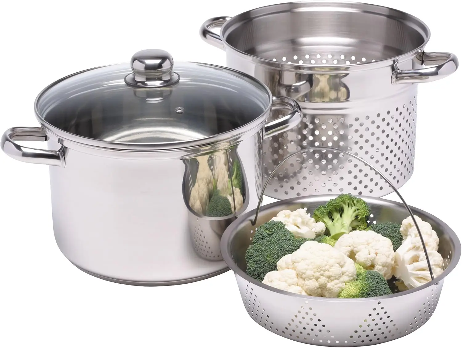 World of Flavours Pasta Pot with Strainer and Vegetable Steamer Basket in Gift Box, Induction Safe, Stainless Steel, 4 Litres, S