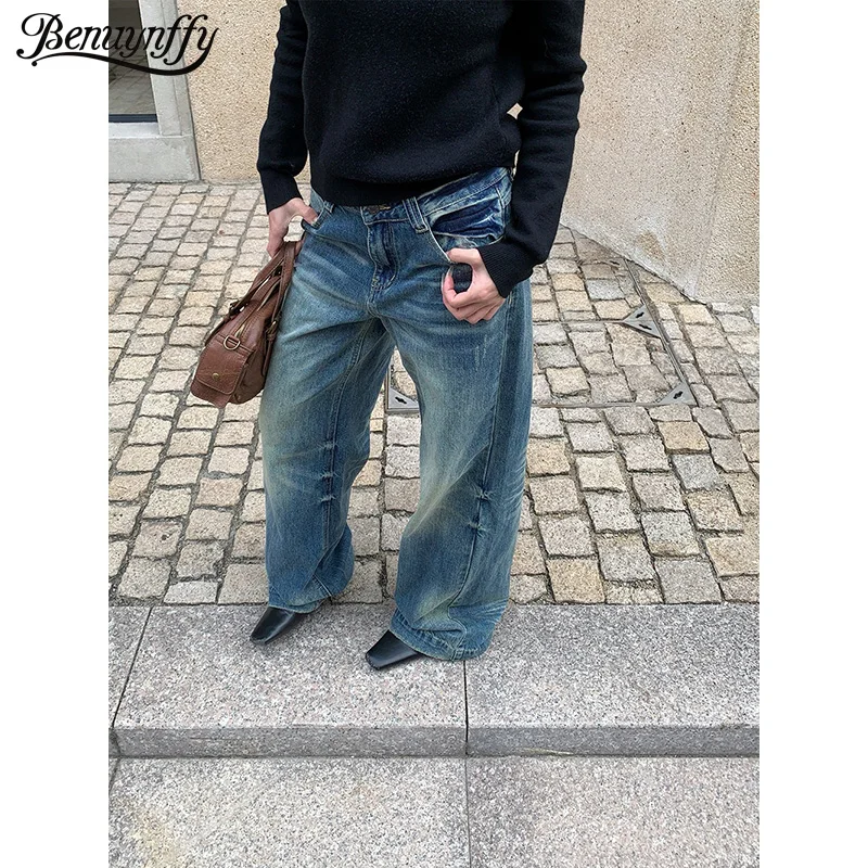 ベニュインフィー 2025 秋冬 アメリカンレトロ ミッドウエストジーンズ レディースファッション ルーズウォッシュド ストレートワイドレッグデニムパンツ