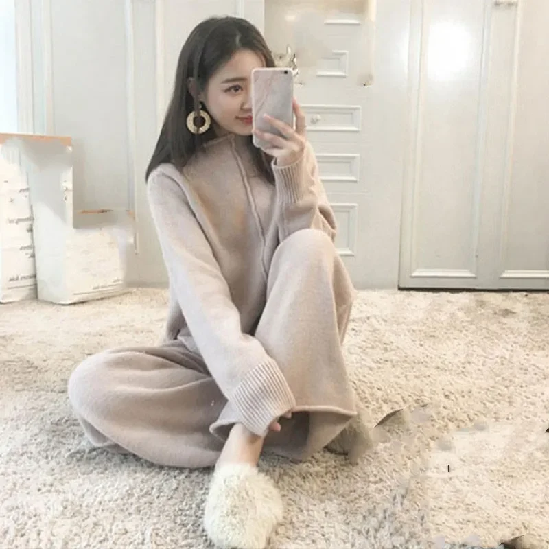 Two Piece Sets Women Knit Suit Turtleneck Full Sleeve Sweaters Midi Waist Loose Long Pants Set Autumn Splice Casual Suits