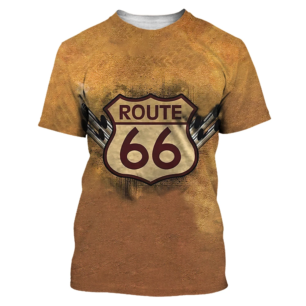 Europe and America Fashion 66 Route Pattern vintage t shirt Men Summer Casual Trend Retro 3D Printed Round Neck Tees Tops