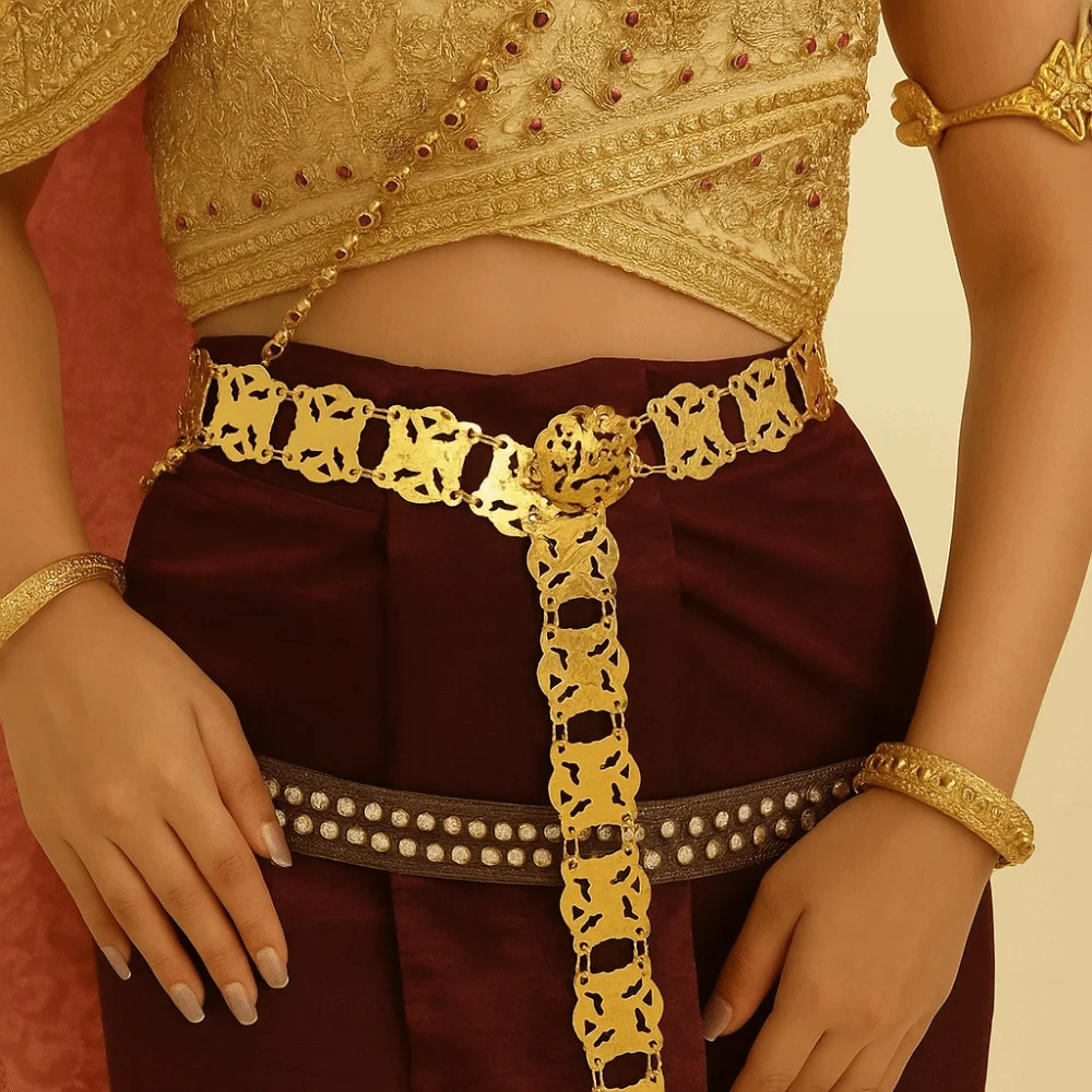 

Vintage Silver Ethnic Style Belt Traditional Malaysia Gold Belt Tassel Hollow Out Metal Waist Chain Party Decoration