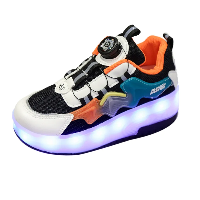 LED Student Flash Shoes Children Rechargeable Light Shoes Kids Roller Skates Boys and Girls Button Sneakers