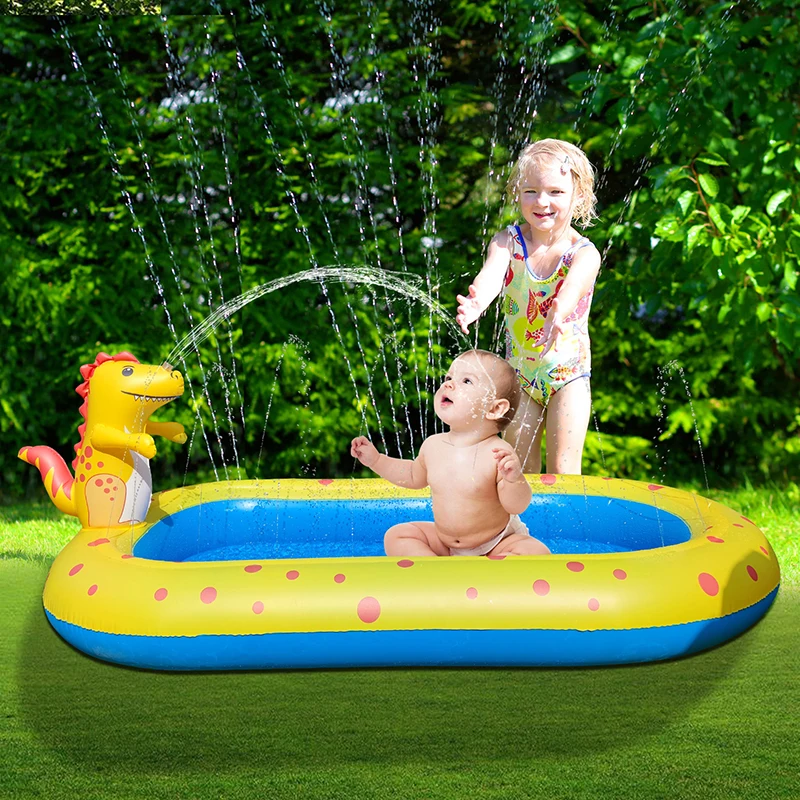 Piscina inflable con pulverizador para niños, almohadilla de juego con aspersor de dinosaurio para exteriores, bañera para bebés